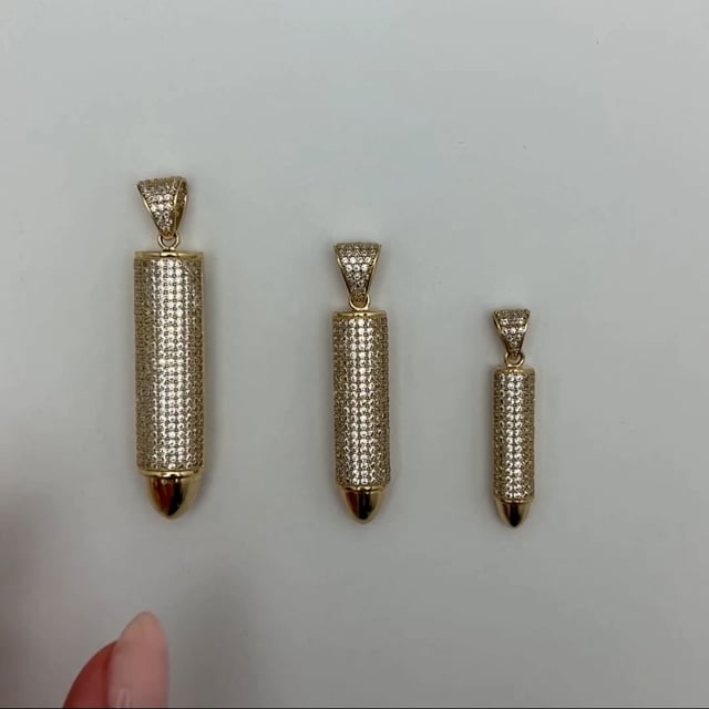 14K Real Gold Bullet-Shaped CZ Pendant 1.7" 2.2" 2.6"