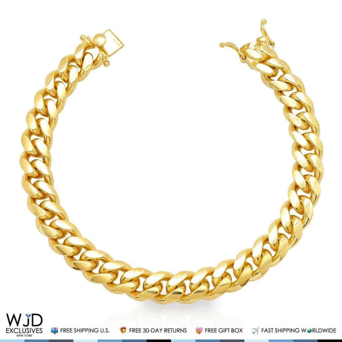 Yellow Gold Over Sterling Silver 12mm Miami Cuban Bracelet (Solid Links) 9"