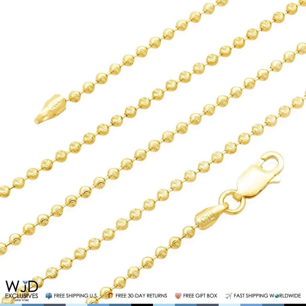 14K Yellow Gold Over 925 Sterling Silver 2mm Moon Cut Ball Chain 16"- 28"