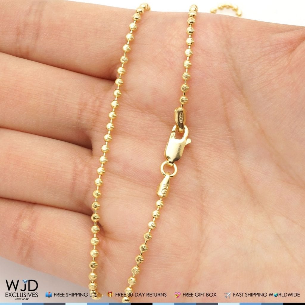 14K Yellow Gold Over 925 Sterling Silver 2mm Moon Cut Ball Chain 16"- 28"
