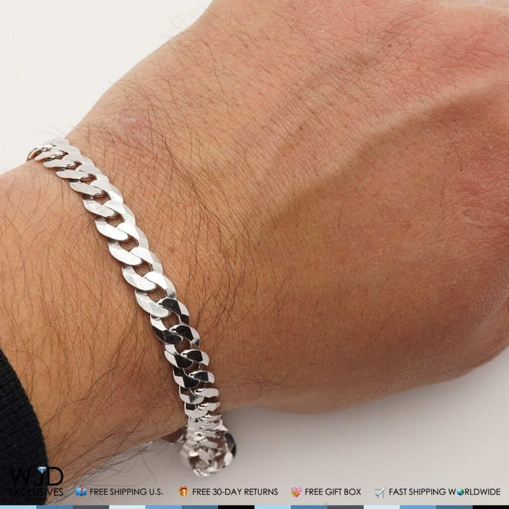 Men's 925 Sterling Silver Solid Curb Bracelet - 8mm Width, UK Hallmarked, Italian Made
