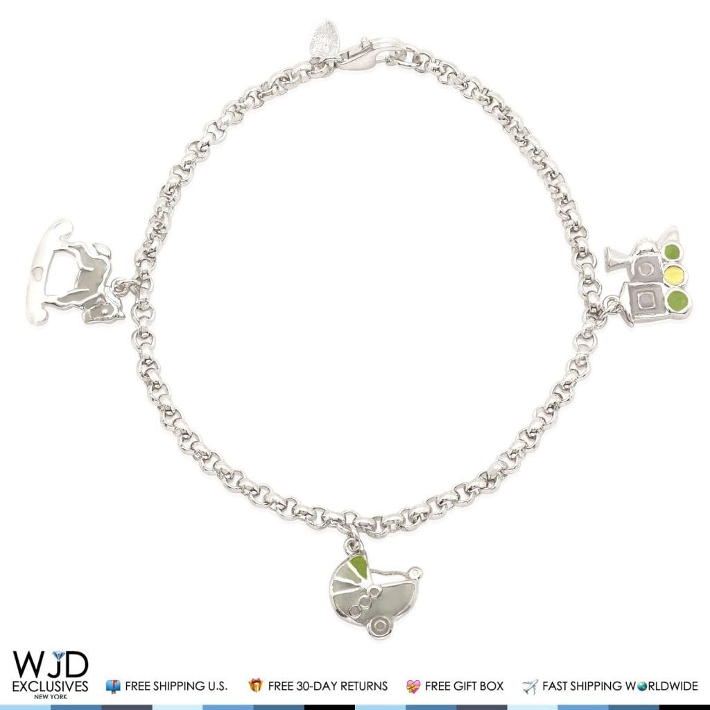 925 Sterling Silver Baby Buggy Train Horse Rolo  Charm Bracelet 7"