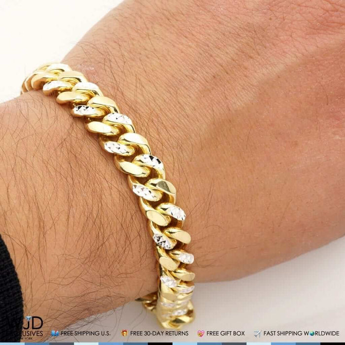 Yellow Gold Over Sterling Silver 11mm Diamond-Cut Miami Cuban Bracelet (Solid Links) 9"