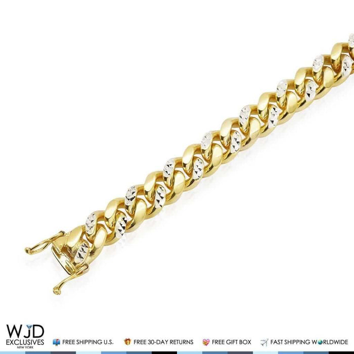 Yellow Gold Over Sterling Silver 11mm Diamond-Cut Miami Cuban Bracelet (Solid Links) 9"