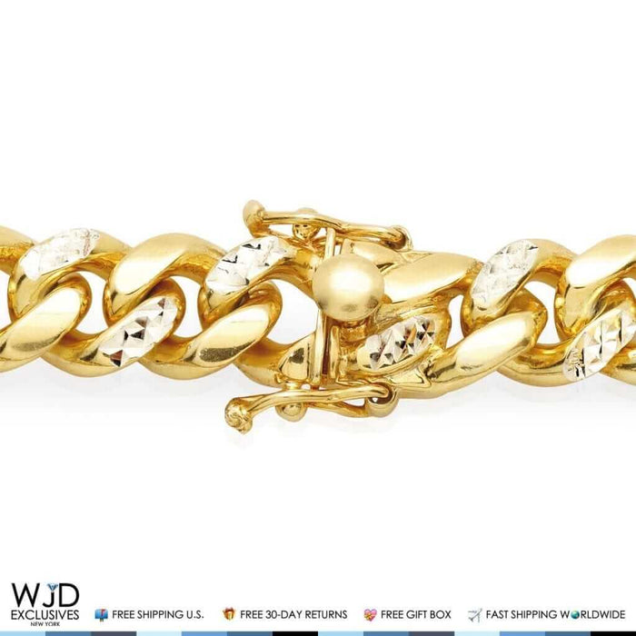 Yellow Gold Over Sterling Silver 11mm Diamond-Cut Miami Cuban Bracelet (Solid Links) 9"