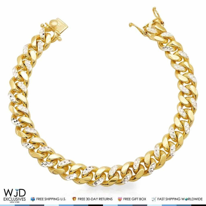 Yellow Gold Over Sterling Silver 11mm Diamond-Cut Miami Cuban Bracelet (Solid Links) 9"