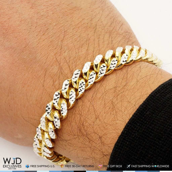 14K Yellow Gold Over Sterling Silver 11mm Diamond-Cut Miami Cuban Bracelet (Solid Links) 9"