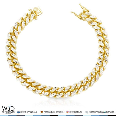 14K Yellow Gold Over Sterling Silver 11mm Diamond-Cut Miami Cuban Bracelet (Solid Links) 9"