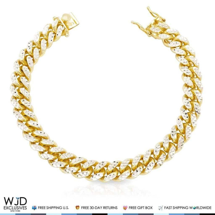 14K Yellow Gold Over Sterling Silver 11mm Diamond-Cut Miami Cuban Bracelet (Solid Links) 9"