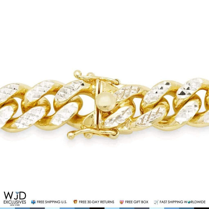 Yellow Gold Over Sterling Silver 12mm Diamond-Cut Miami Cuban Bracelet (Solid Links) 9"