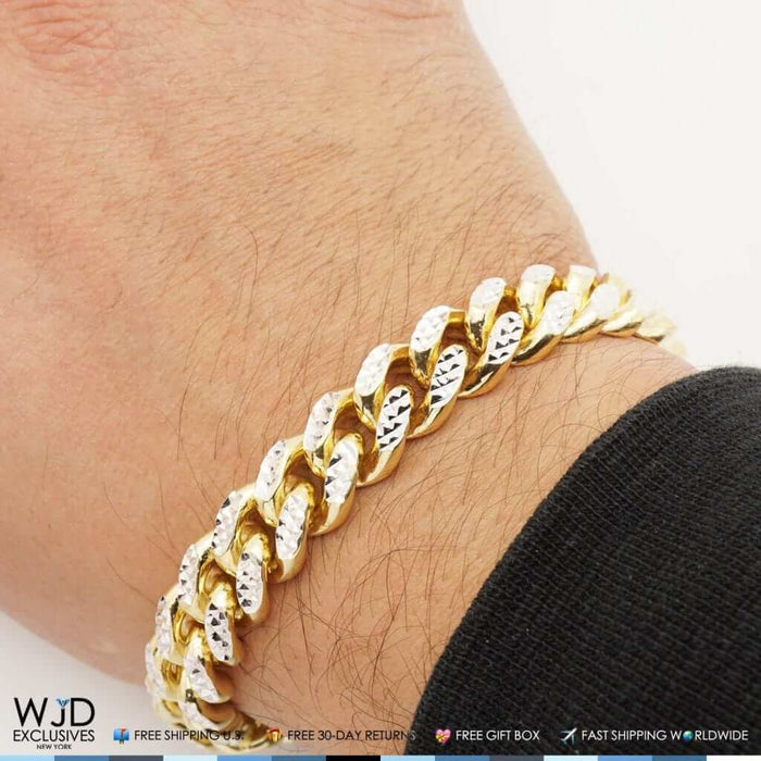 Yellow Gold Over Sterling Silver 12mm Diamond-Cut Miami Cuban Bracelet (Solid Links) 9"