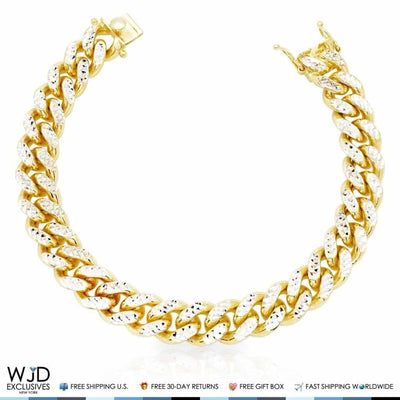 Yellow Gold Over Sterling Silver 12mm Diamond-Cut Miami Cuban Bracelet (Solid Links) 9"