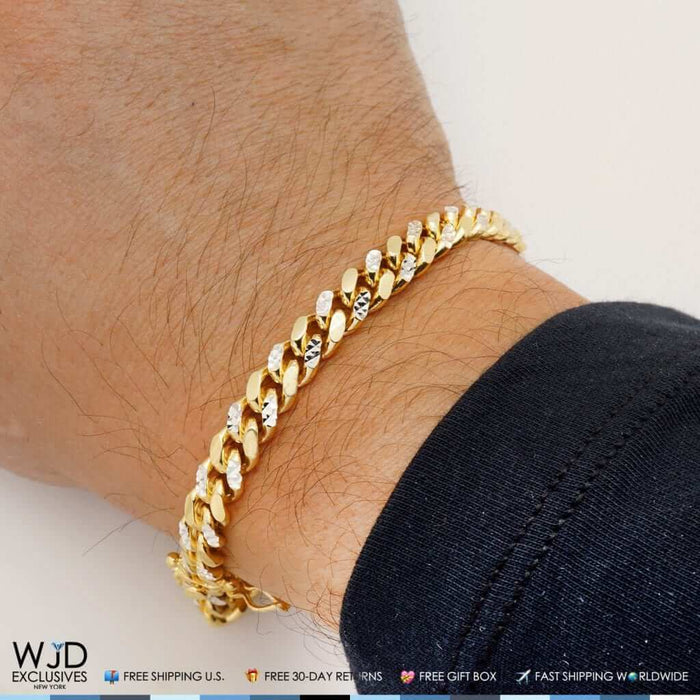 Yellow Gold Over Silver 7mm Diamond-Cut Miami Cuban Bracelet (Solid Links) 8.5"
