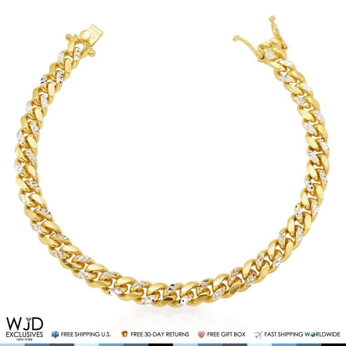 Yellow Gold Over Silver 7mm Diamond-Cut Miami Cuban Bracelet (Solid Links) 8.5"