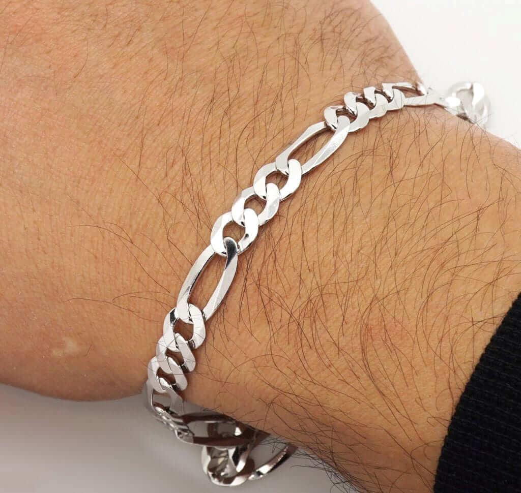 7mm Flat Figaro Chain Bracelet In Sterling Silver - 9 Inch Lobster Clasp, Made In Italy