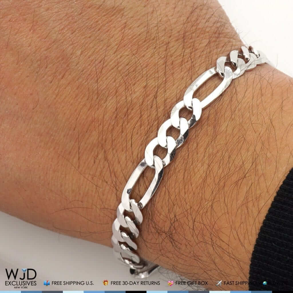 Sterling Silver 8mm Figaro Bracelet (Solid Links) 8.5"