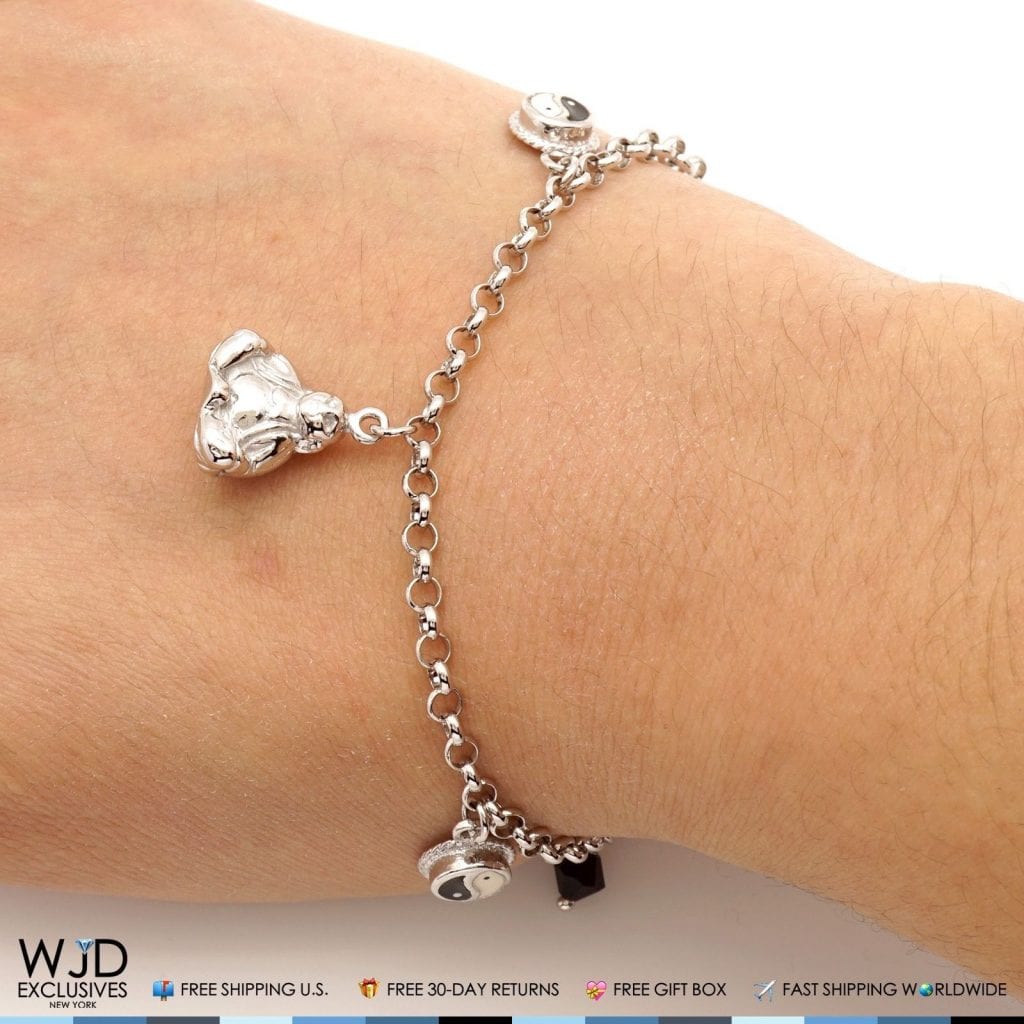 925 Sterling Silver Puffed Buddha Yin Yang Rolo  Charm Bracelet 7"
