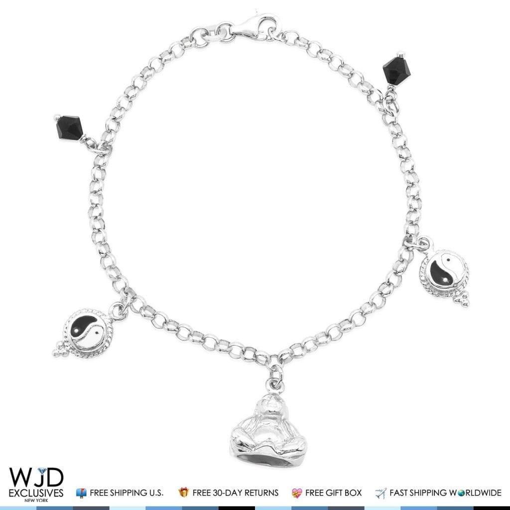 925 Sterling Silver Puffed Buddha Yin Yang Rolo  Charm Bracelet 7"