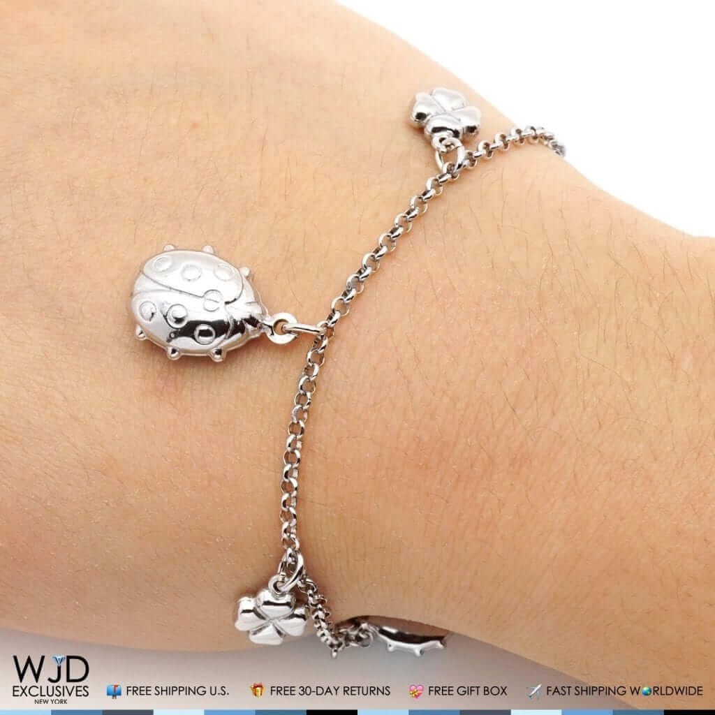 Sterling Silver Puffed Ladybug Leaf Rolo Charm Bracelet 6"-8"