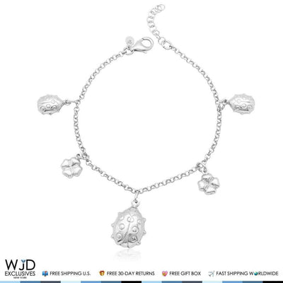 Sterling Silver Puffed Ladybug Leaf Rolo Charm Bracelet 6"-8"