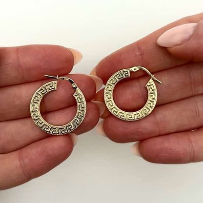 14K Gold Textured Greek Key Hoop Earrings 15mm