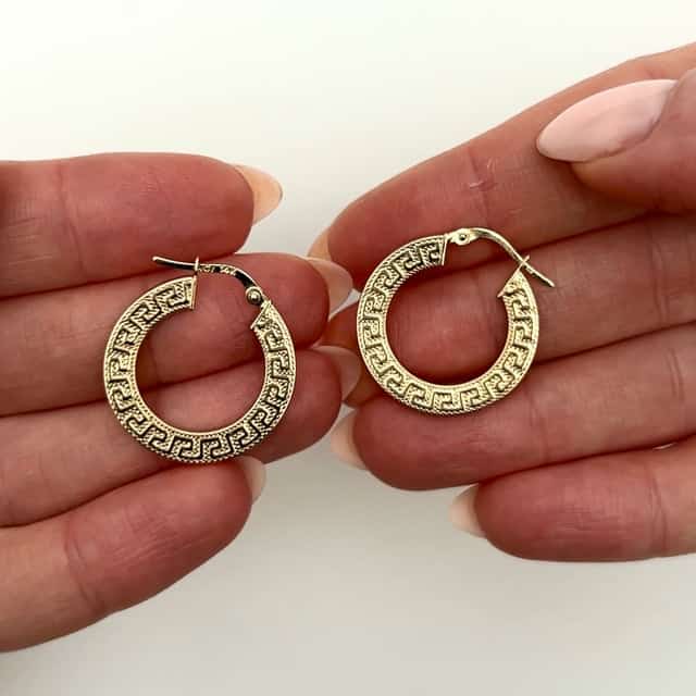 14K Gold Textured Greek Key Hoop Earrings 15mm - WJD Exclusives