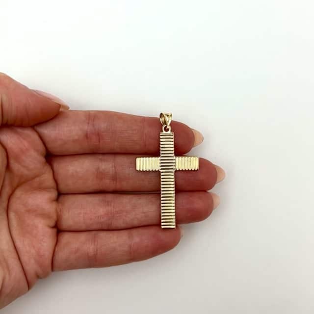 14K Gold Textured Stripes Cross Pendant 1.9" - WJD Exclusives