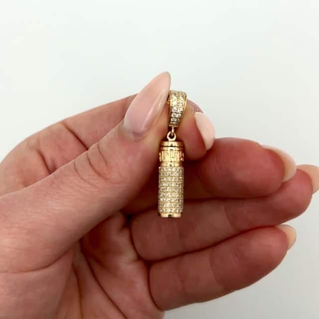 1.10CTW Real Diamond 10K Gold Yellow White Rose Cylinder Urn Pendant 1.2"