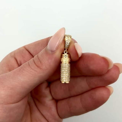1.10CTW Real Diamond 10K Gold Yellow White Rose Cylinder Urn Pendant 1.2"