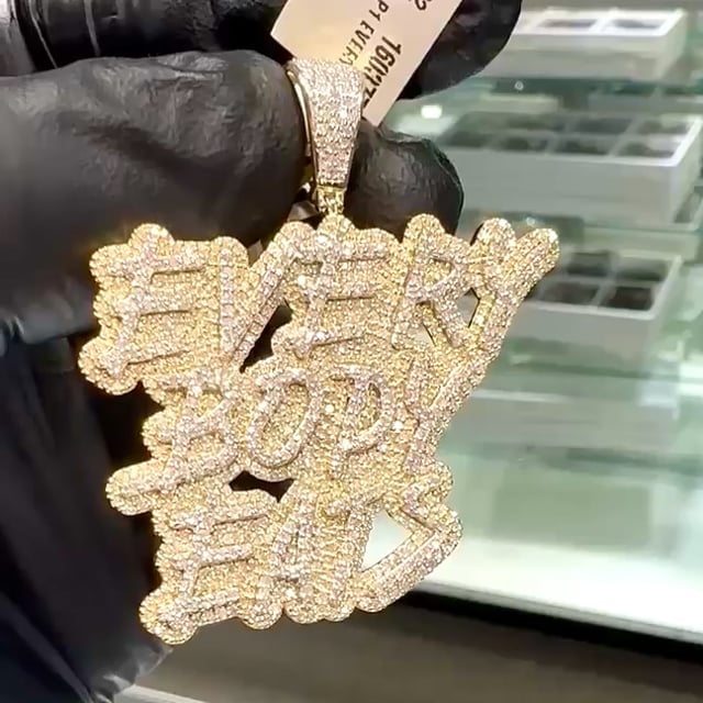 2CTW Real Diamond 10K Yellow Gold Everybody Eats Pendant 1.6"