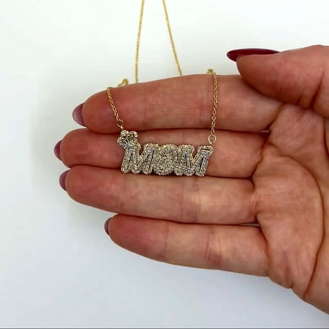 1CTW Real Diamond 10K Yellow Gold Pave "MOM" crown Pendant Cable Necklace 18"