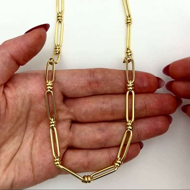 14K Yellow Gold 6mm Double Bar Figaro Paperclip Rondel Necklace (Solid Links) 18" - WJD Exclusives