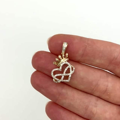 0.37CTW Real Diamond 10K Gold Yellow White Infinity Heart Crown Pendant 1"