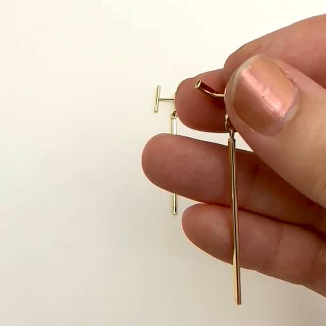 14K Gold Bar Horizontal Post Linear Drop  Earrings 55mm