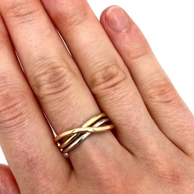 14K Gold Tri-Color Yellow White Rose Crossover Trinity Stackable Ring