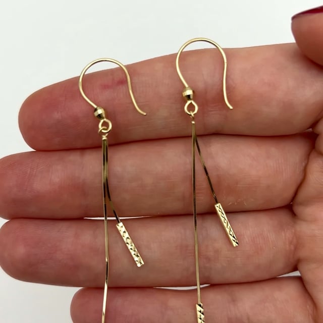 14K Gold Diamond-Cut Double Bar Linear Drop Down Ear Wire Earrings 66mm