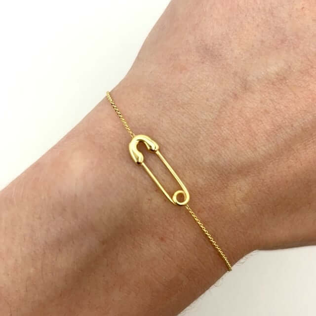 14K Yellow Gold Cable Safety Pin Station Bracelet (Solid Links) 7" - 7.50" Adjustable - WJD Exclusives