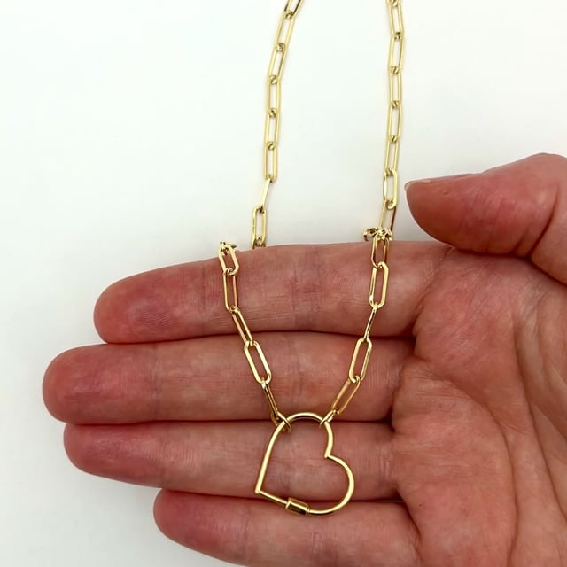 14K Real Gold Carabiner Heart Lock Pendant 4mm Paperclip Necklace 18"