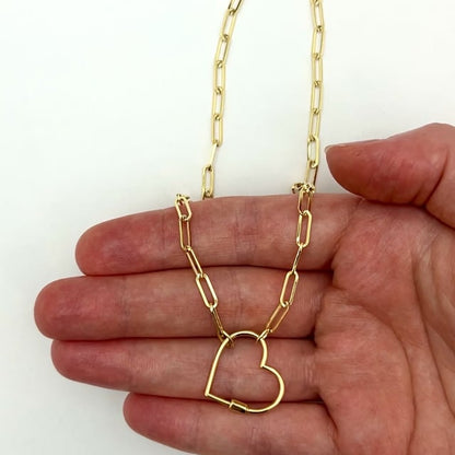 14K Real Gold Carabiner Heart Lock Pendant 4mm Paperclip Necklace 18"