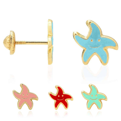 Kids 14K Yellow Gold Blue Pink Red Green Enamel Starfish Stud Earrings