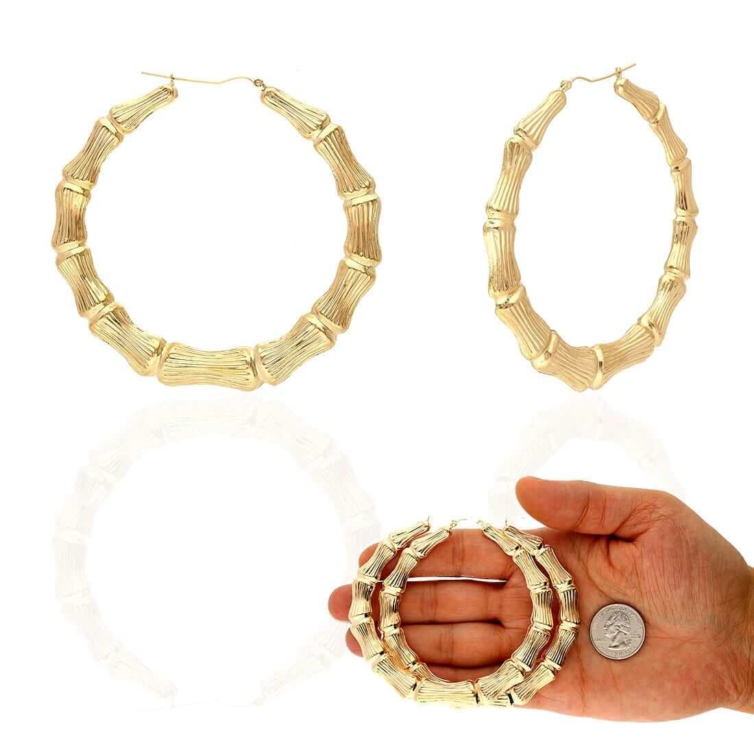 10K Yellow Gold Bamboo Hoop Earrings 17-85mm