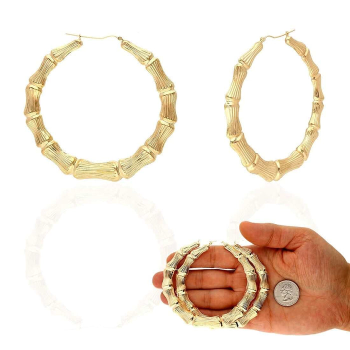 10K Yellow Gold Bamboo Hoop Earrings 17-85mm
