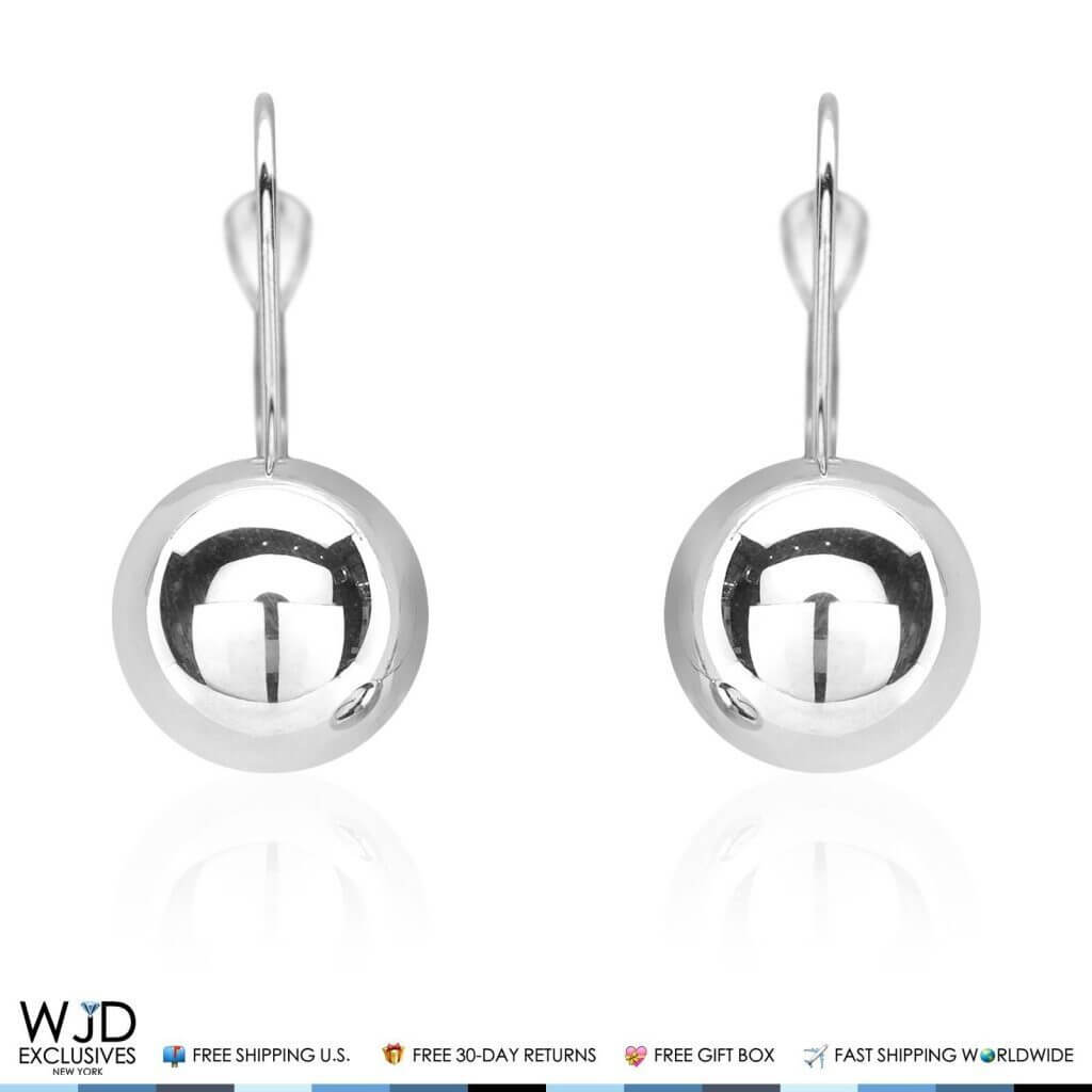 9mm Diameter Ball Lever Back Earrings 14K White Gold 0.8"