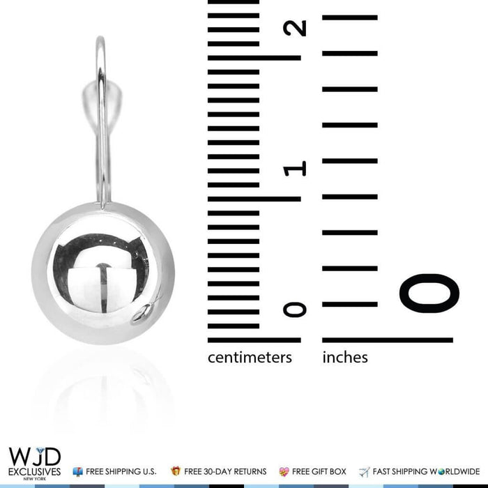 9mm Diameter Ball Lever Back Earrings 14K White Gold 0.8"