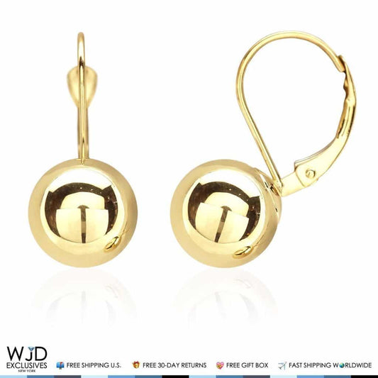 9mm Diameter Ball Lever Back Earrings 14K Solid Yellow Gold 0.8"