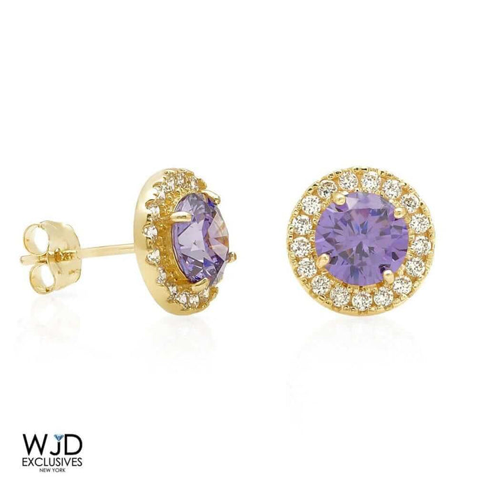 9mm Halo 14K Yellow Gold Round CZ Amethyst Stud Earrings 1.30Ct