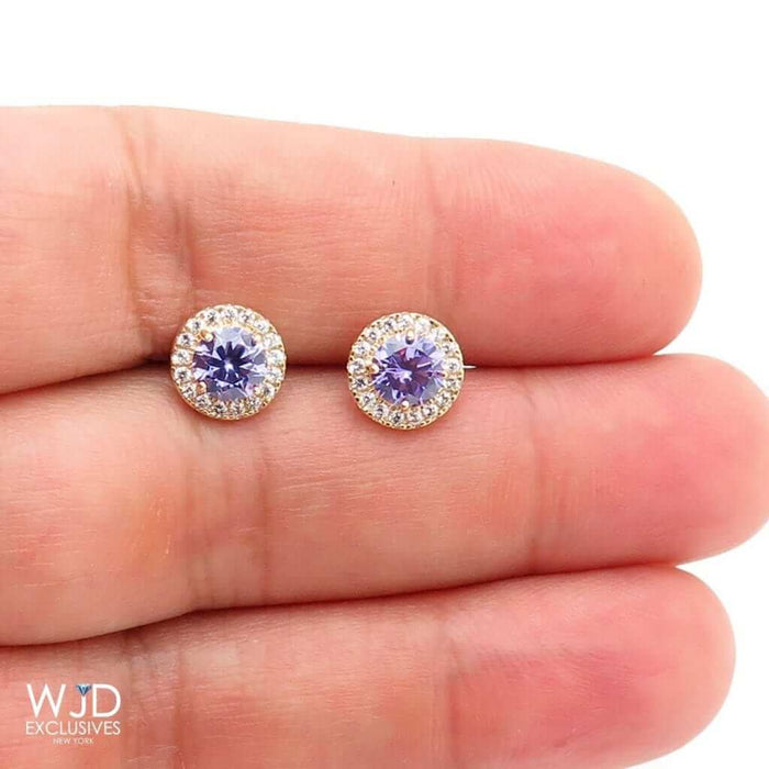 9mm Halo 14K Yellow Gold Round CZ Amethyst Stud Earrings 1.30Ct