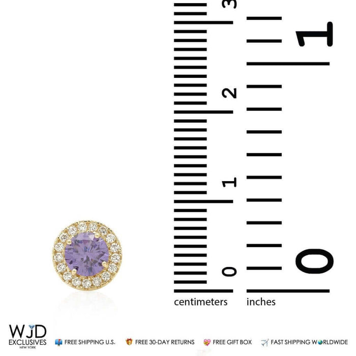 9mm Halo 14K Yellow Gold Round CZ Amethyst Stud Earrings 1.30Ct