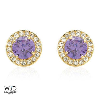 9mm Halo 14K Yellow Gold Round CZ Amethyst Stud Earrings 1.30Ct