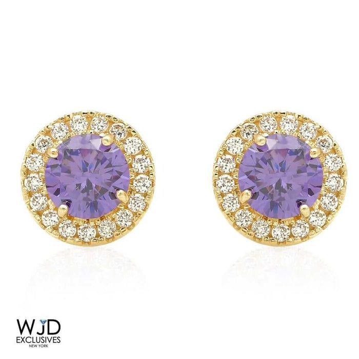 9mm Halo 14K Yellow Gold Round CZ Amethyst Stud Earrings 1.30Ct